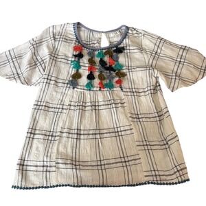 THML Women's Plaid Tassel Boho Short Sleeve Top Shirt Blouse Medium